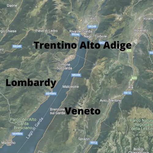 A map showing the three regions of Lake Garda; Lombardy, Veneto & Trentino Alto Adige